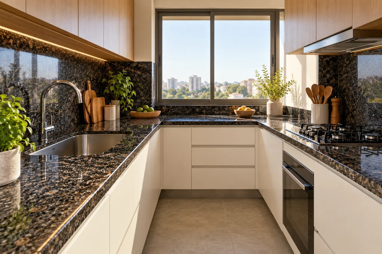 Pia e bancada em uma cozinha compacta
